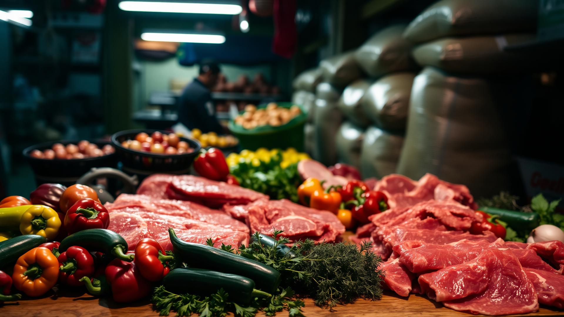 Fresh produce and meat on a wholesale market table